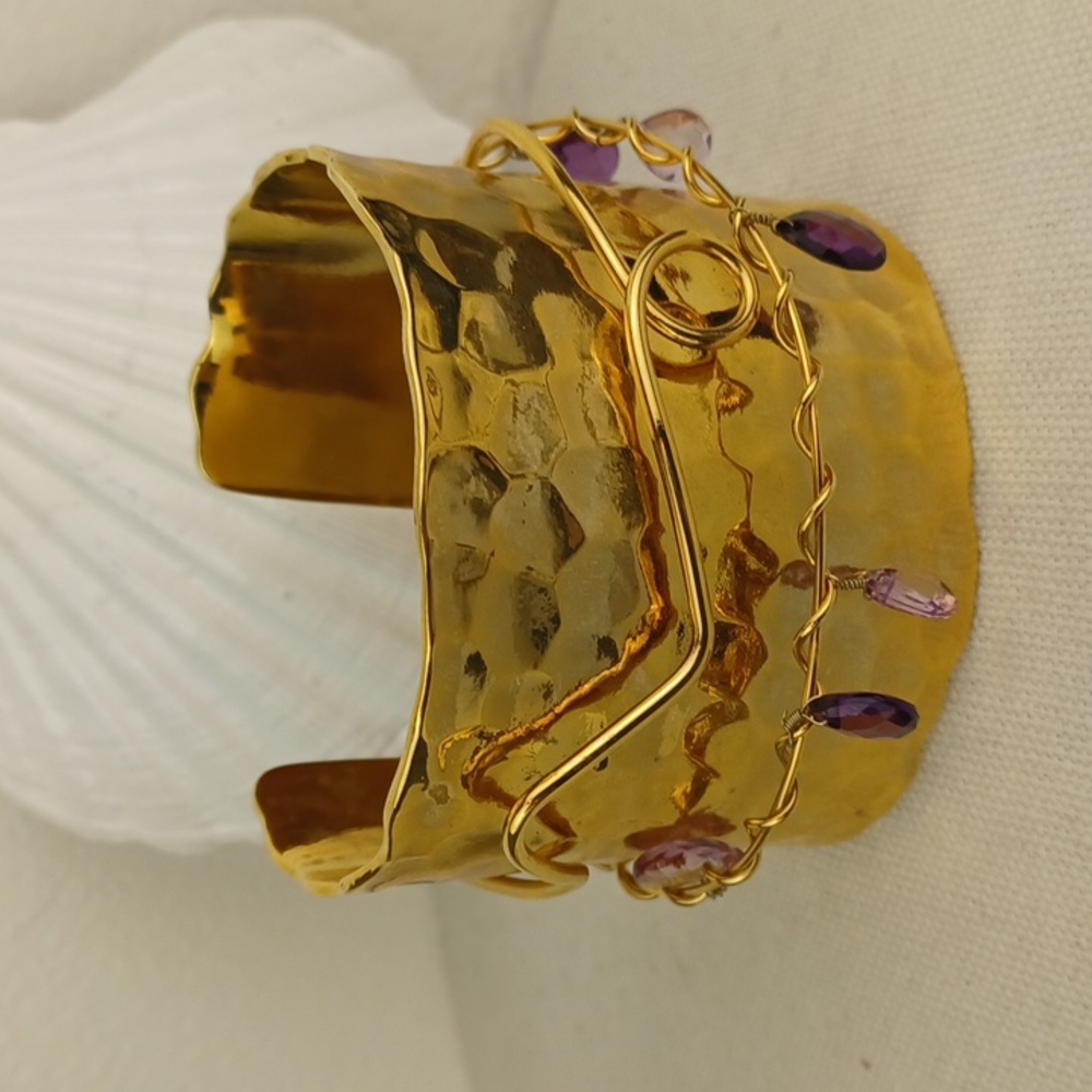 IMAN Brilliant Hammered Gold Cuff Bracelet With Wire & Purple Bead Accents